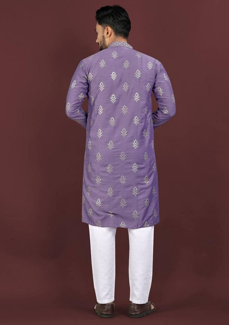 Purple Embroidered Viscose Silk Kurta Set For Men