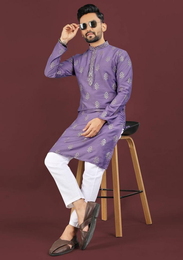 Purple Embroidered Viscose Silk Kurta Set For Men