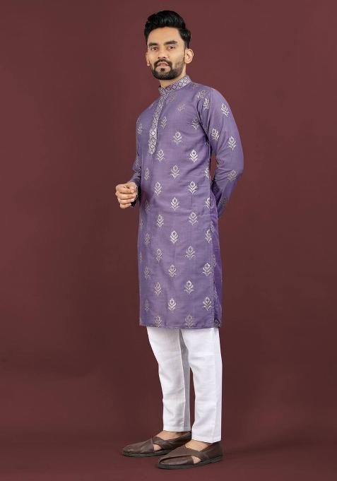 Purple Embroidered Viscose Silk Kurta Set For Men