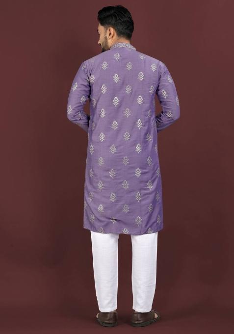Purple Embroidered Viscose Silk Kurta Set For Men