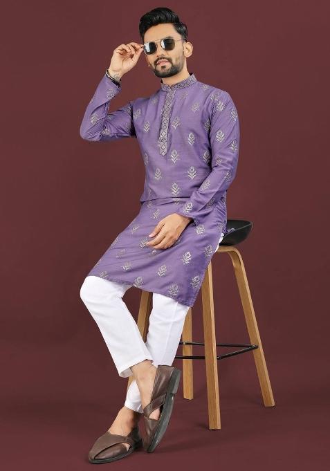 Purple Embroidered Viscose Silk Kurta Set For Men