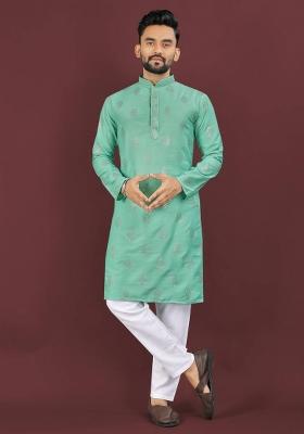 Sea Green Embroidered Viscose Silk Kurta Set For Men