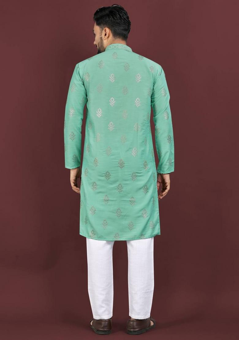 Sea Green Embroidered Viscose Silk Kurta Set For Men