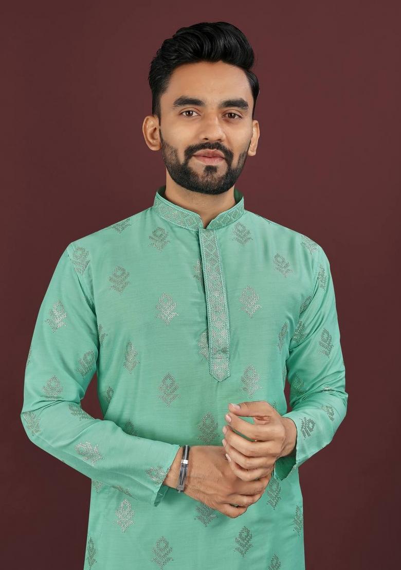 Sea Green Embroidered Viscose Silk Kurta Set For Men
