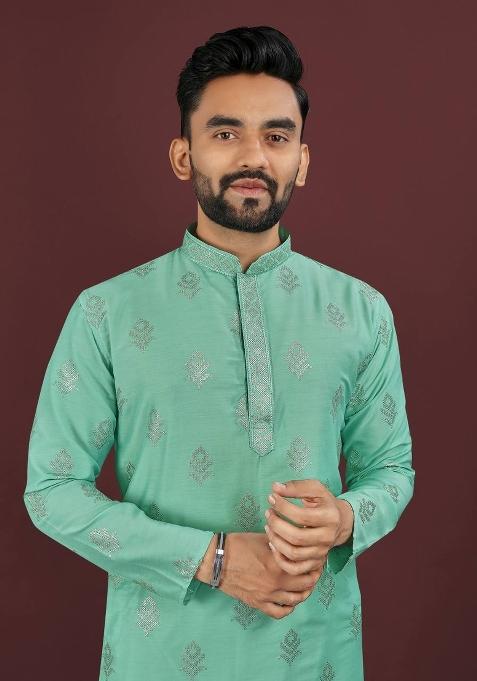 Sea Green Embroidered Viscose Silk Kurta Set For Men