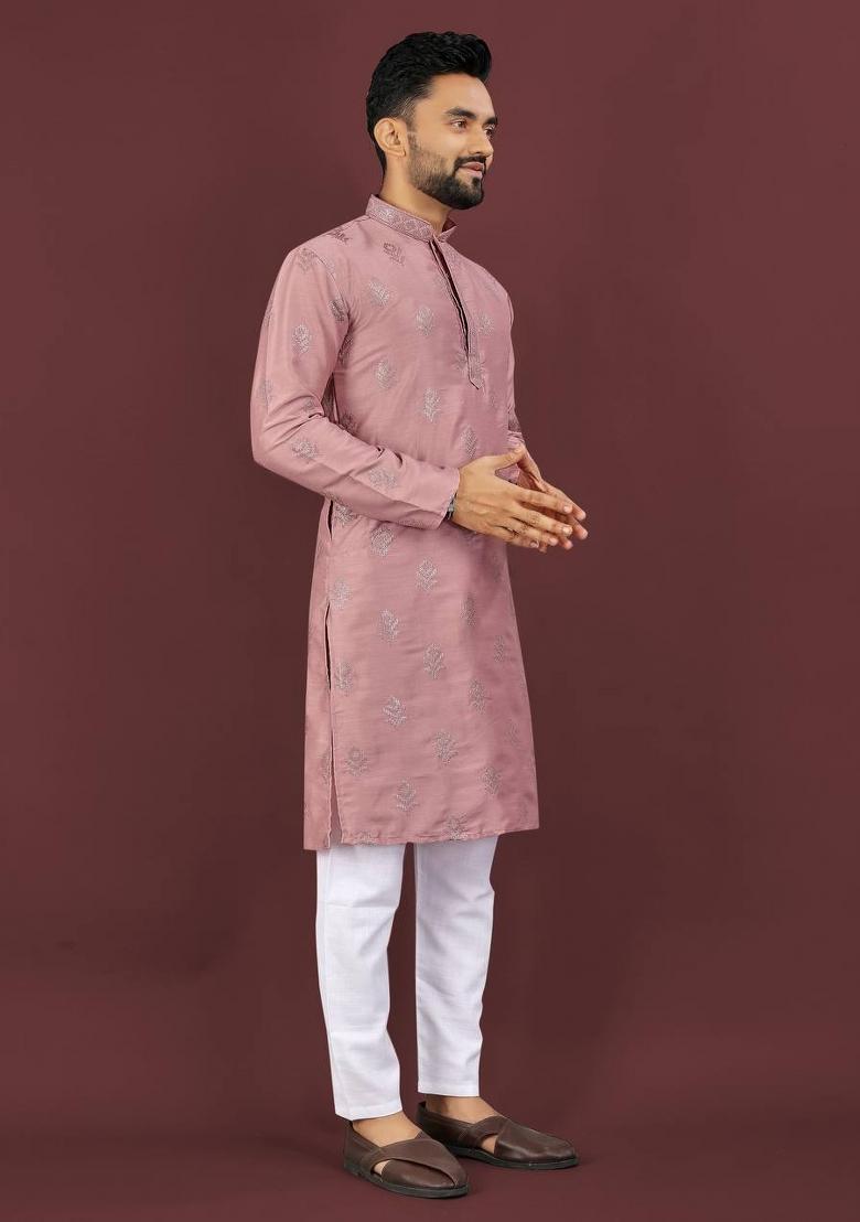 Pink Embroidered Viscose Silk Kurta Set For Men