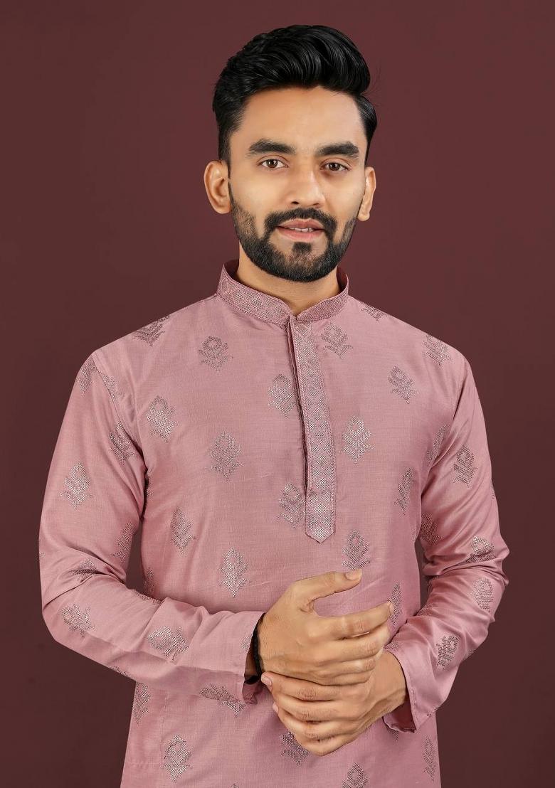 Pink Embroidered Viscose Silk Kurta Set For Men