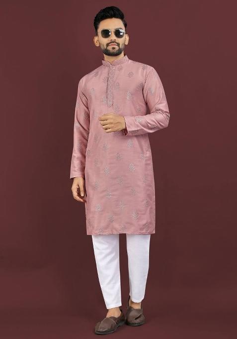 Pink Embroidered Viscose Silk Kurta Set For Men