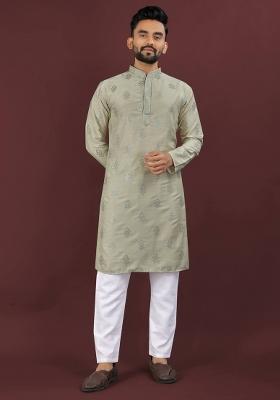 Olive Embroidered Viscose Silk Kurta Set For Men