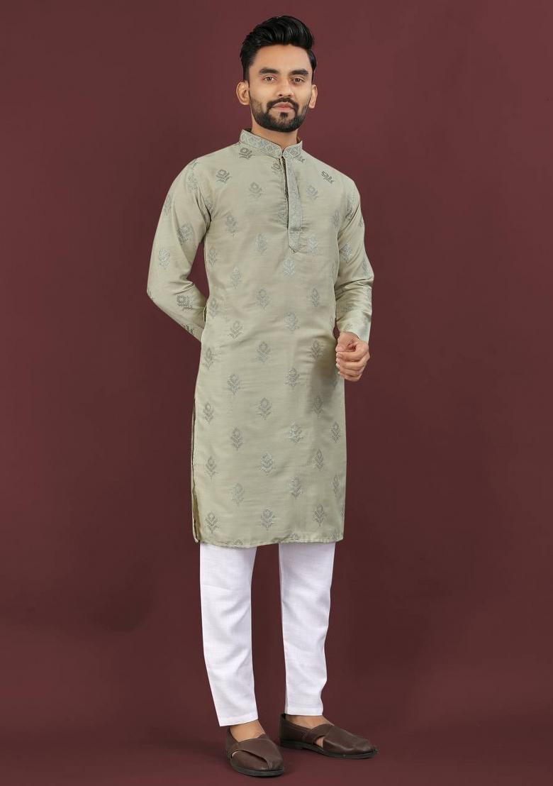 Olive Embroidered Viscose Silk Kurta Set For Men