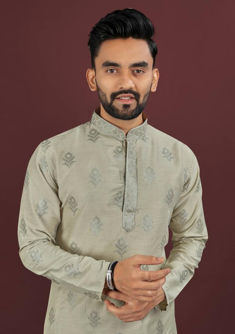 Olive Embroidered Viscose Silk Kurta Set For Men