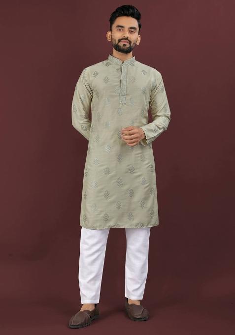 Olive Embroidered Viscose Silk Kurta Set For Men