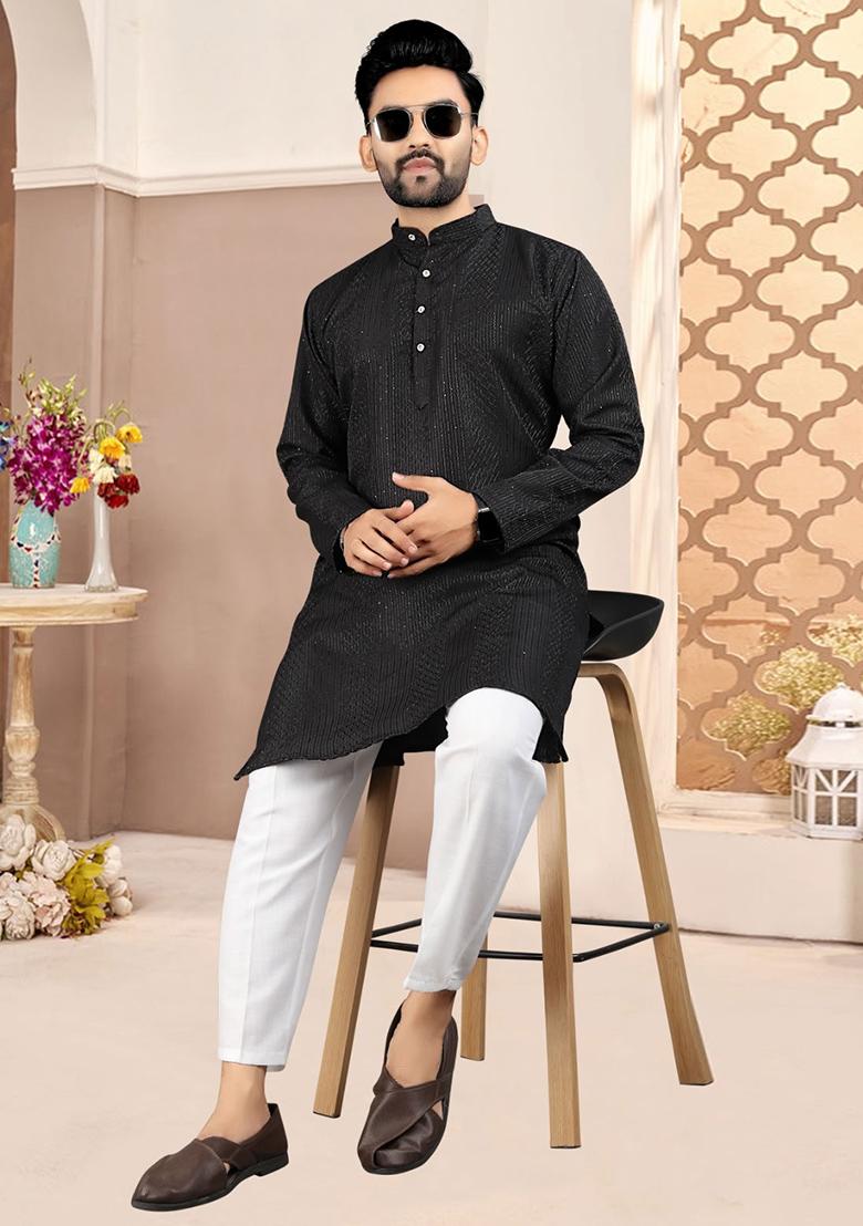 Black Embroidered Cotton Kurta Set For Men
