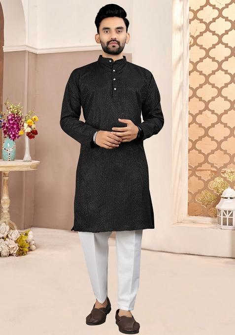 Black Embroidered Cotton Kurta Set For Men