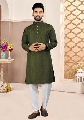 Olive Embroidered Cotton Kurta Set For Men