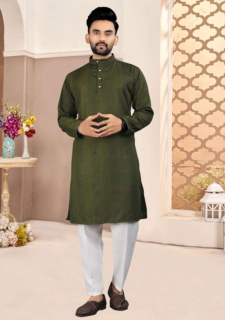 Olive Embroidered Cotton Kurta Set For Men - Indya