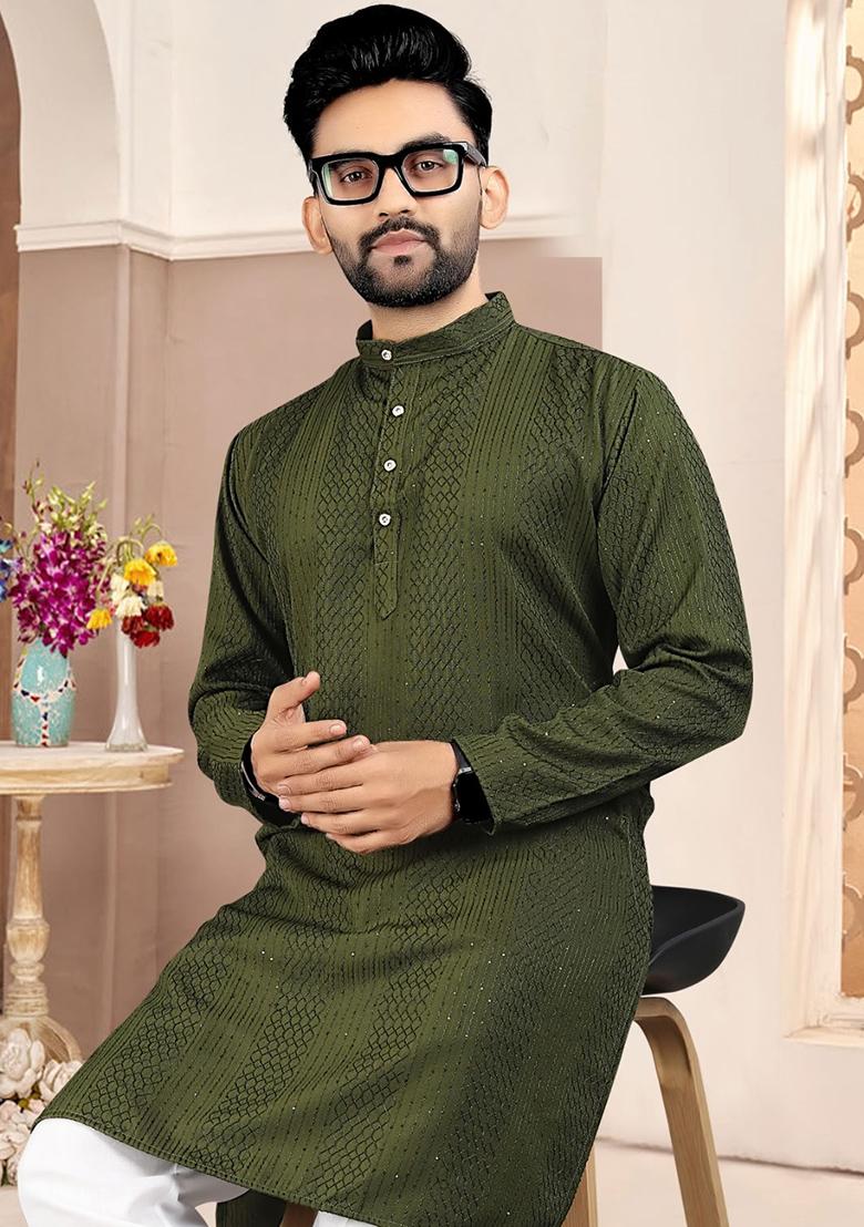 Olive Embroidered Cotton Kurta Set For Men