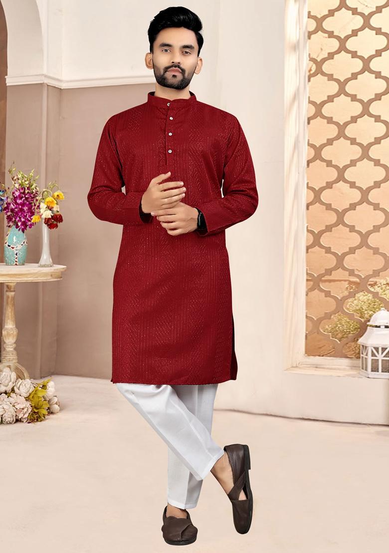 Red Embroidered Cotton Kurta Set For Men