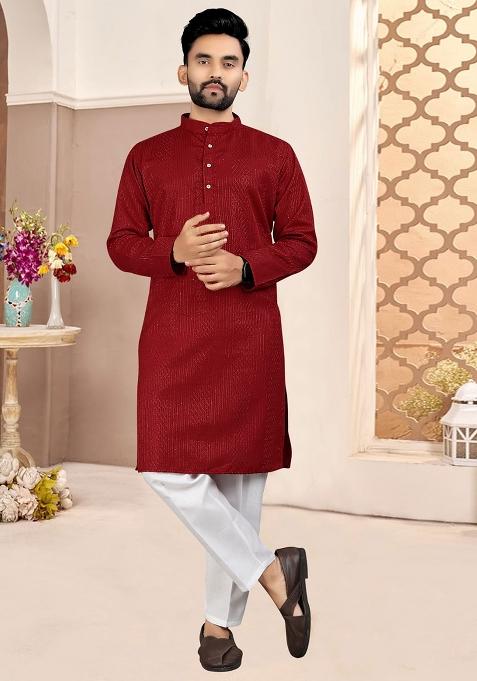 Red Embroidered Cotton Kurta Set For Men