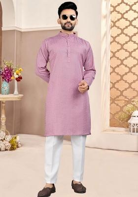 Purple Embroidered Cotton Kurta Set For Men