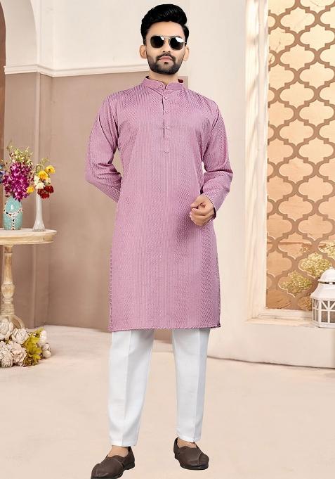 Purple Embroidered Cotton Kurta Set For Men