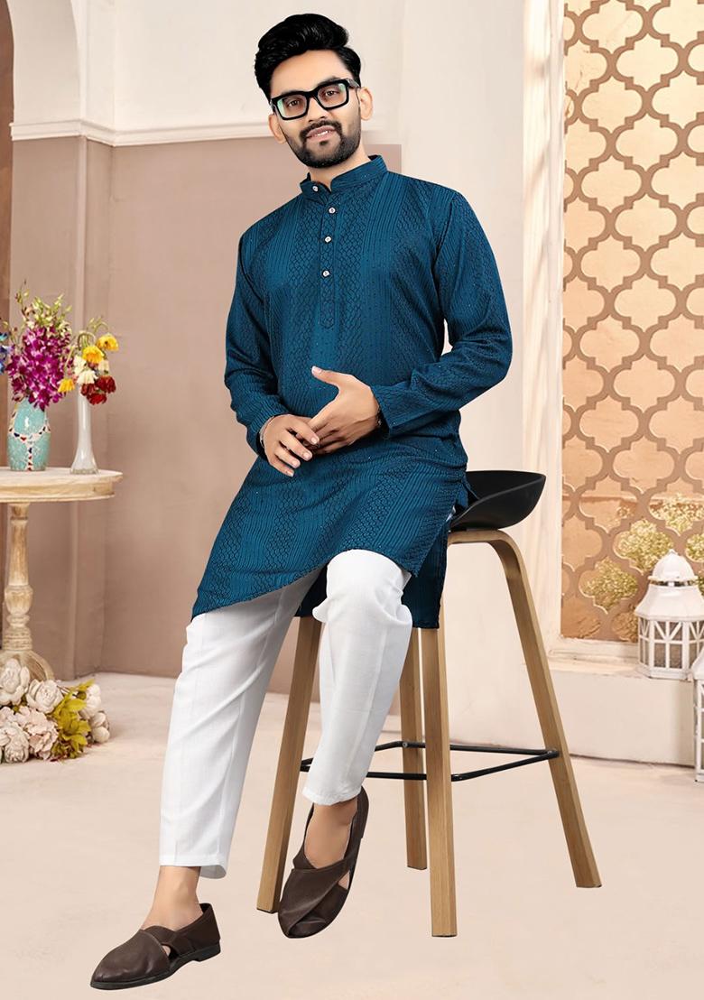 Blue Embroidered Cotton Kurta Set For Men