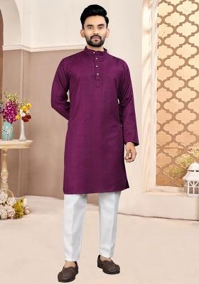 Wine Embroidered Cotton Kurta Set For Men
