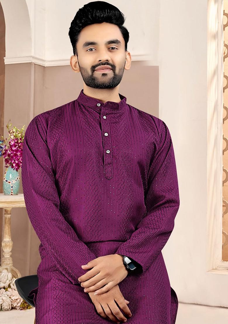 Wine Embroidered Cotton Kurta Set For Men