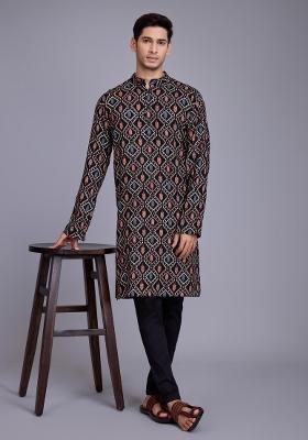 Black Embroidered Rayon Kurta Set For Men