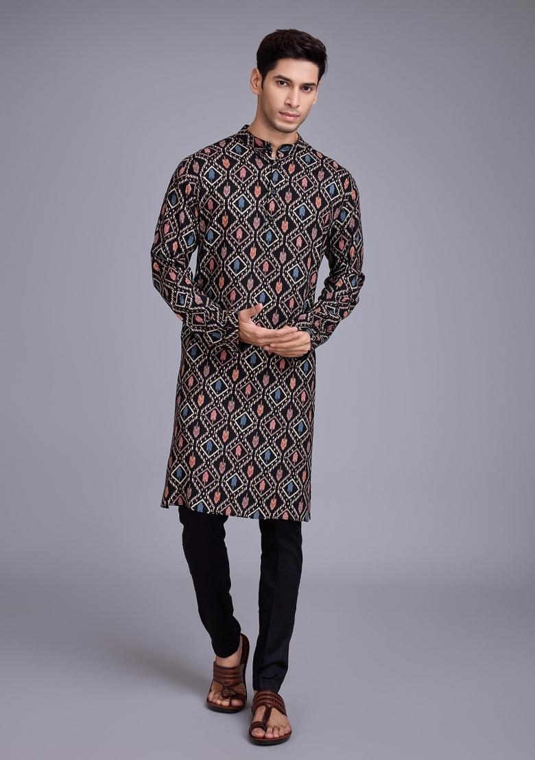 Black Embroidered Rayon Kurta Set For Men