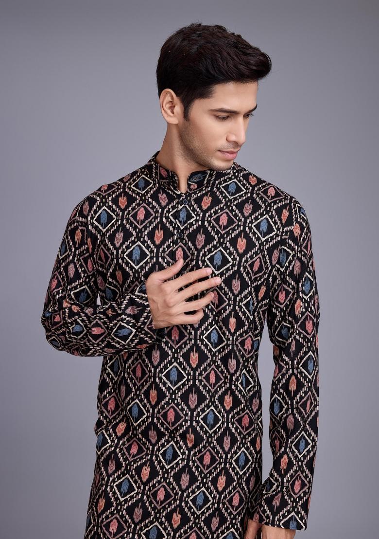 Black Embroidered Rayon Kurta Set For Men