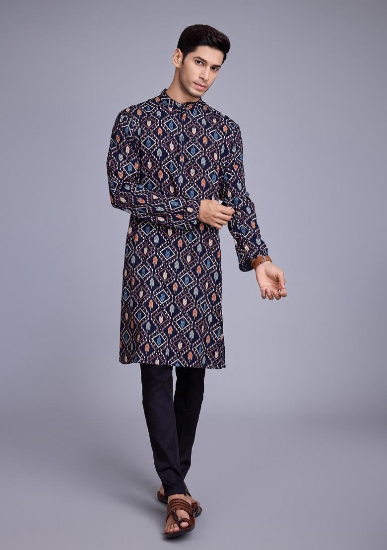 Navy Blue Embroidered Rayon Kurta Set For Men