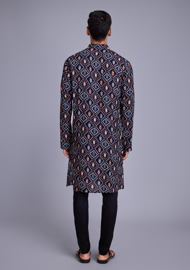 Navy Blue Embroidered Rayon Kurta Set For Men