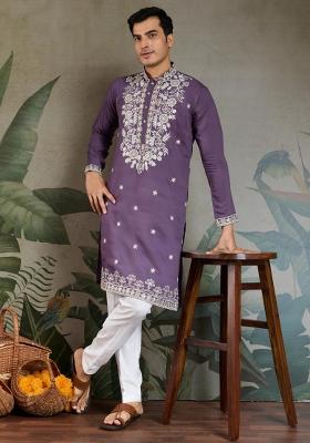 Purple Embroidered Viscose Silk Kurta Set For Men