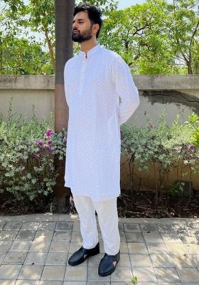 White Embroidered Rayon Kurta Set For Men