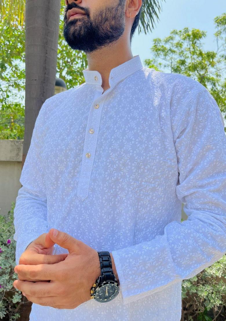 White Embroidered Rayon Kurta Set For Men