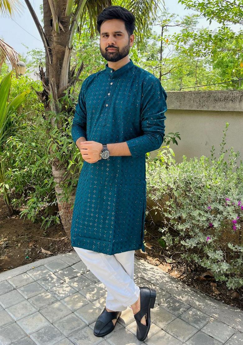 Blue Embroidered Rayon Kurta Set For Men