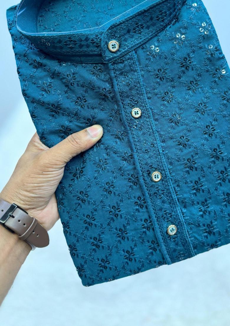 Blue Embroidered Rayon Kurta Set For Men