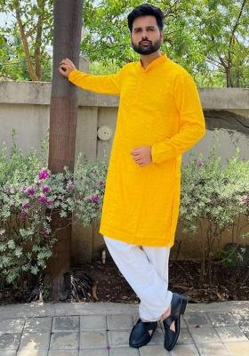 Yellow Embroidered Rayon Kurta Set For Men