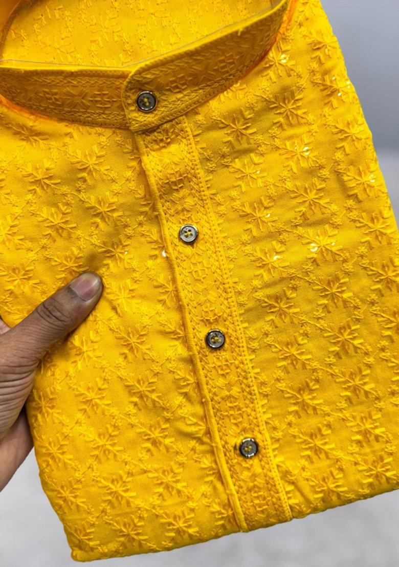 Yellow Embroidered Rayon Kurta Set For Men
