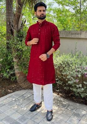 Red Embroidered Rayon Kurta Set For Men