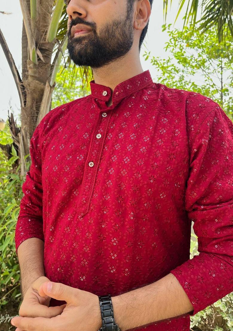 Red Embroidered Rayon Kurta Set For Men