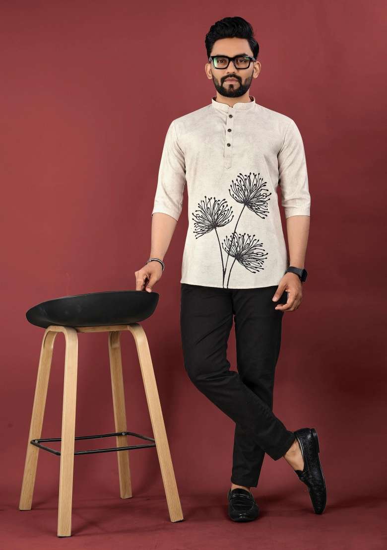 Off White Embroidered Cotton Kurta For Men - Indya
