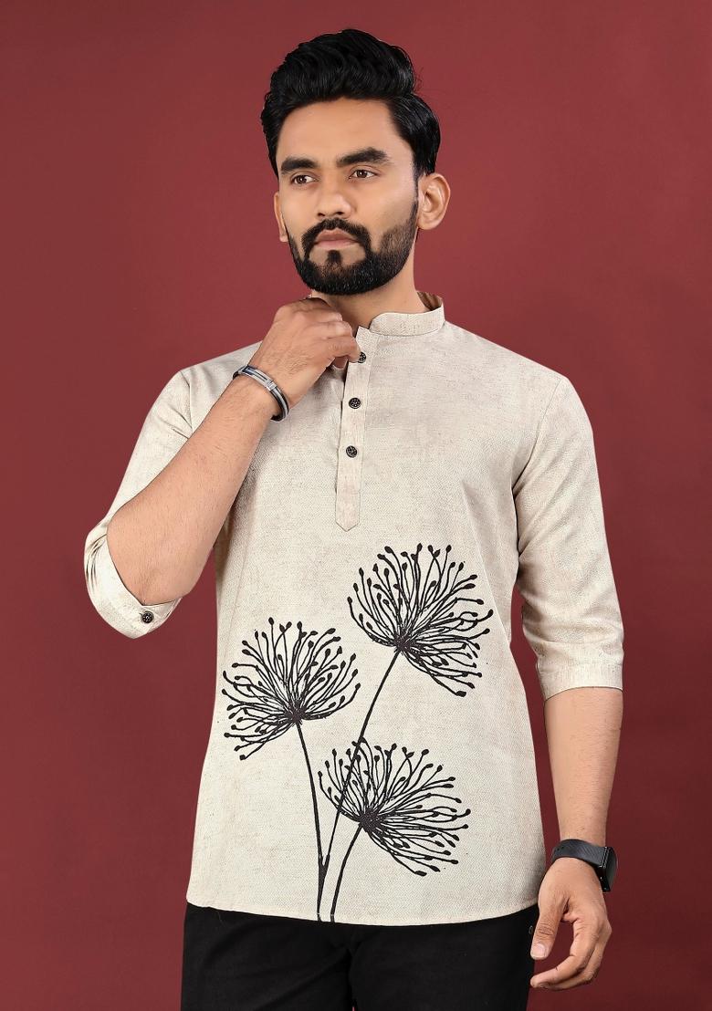 Off White Embroidered Cotton Kurta For Men