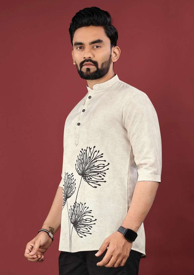 Off White Embroidered Cotton Kurta For Men - Indya