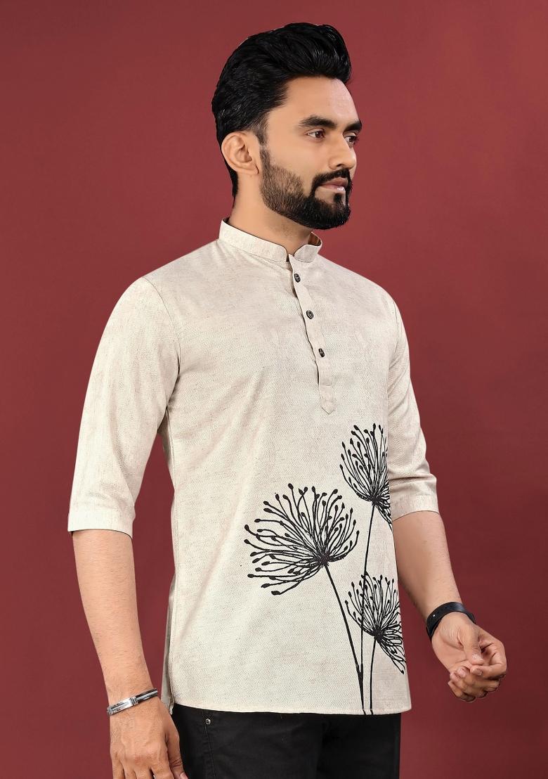 Off White Embroidered Cotton Kurta For Men