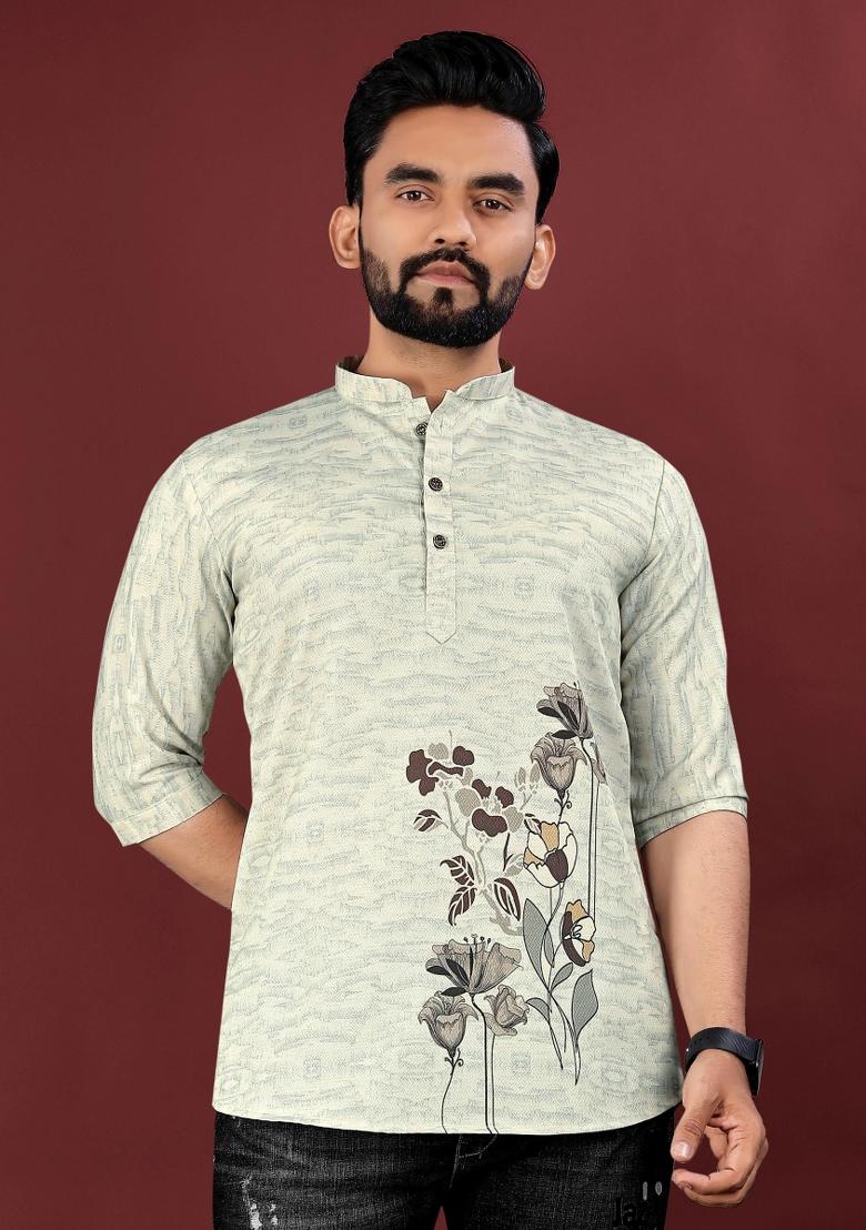 Grey Embroidered Cotton Kurta For Men