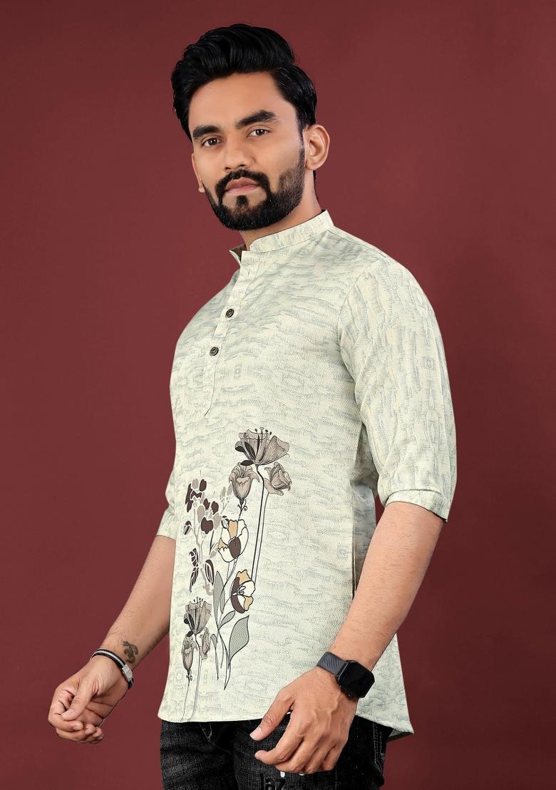 Grey Embroidered Cotton Kurta For Men