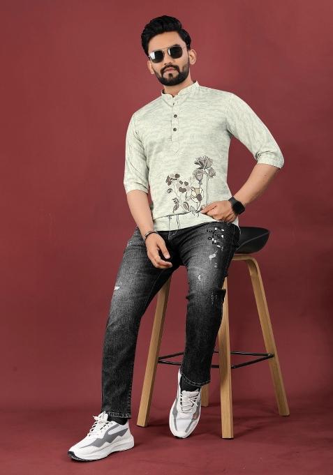 Grey Embroidered Cotton Kurta For Men
