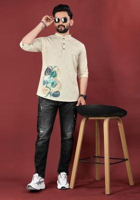 Cream Embroidered Cotton Kurta For Men